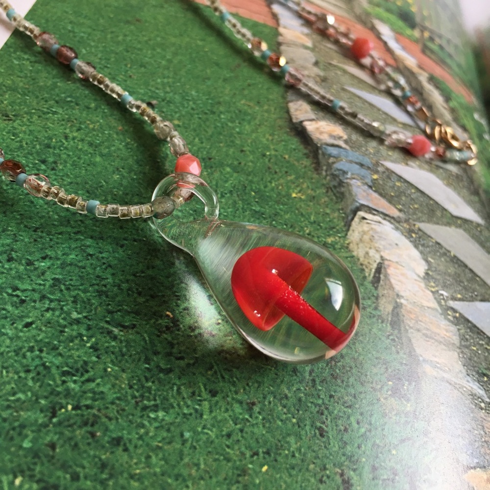 Handmade MUSHROOM Red cap Glass colorful beads necklace 14kt gold filled